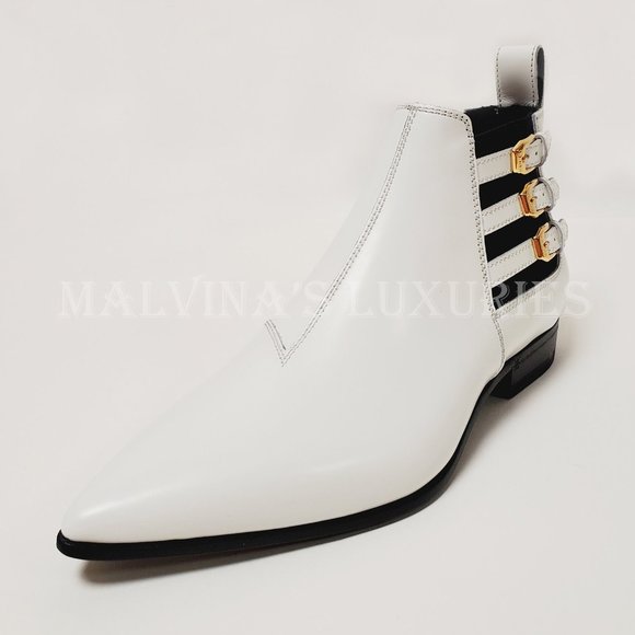 GUCCI BOOTS ANKLE QUEBEC 3 BUCKLE WHITE LEATHER POINTED TOE sz 37.5 7.5 - Picture 7 of 15